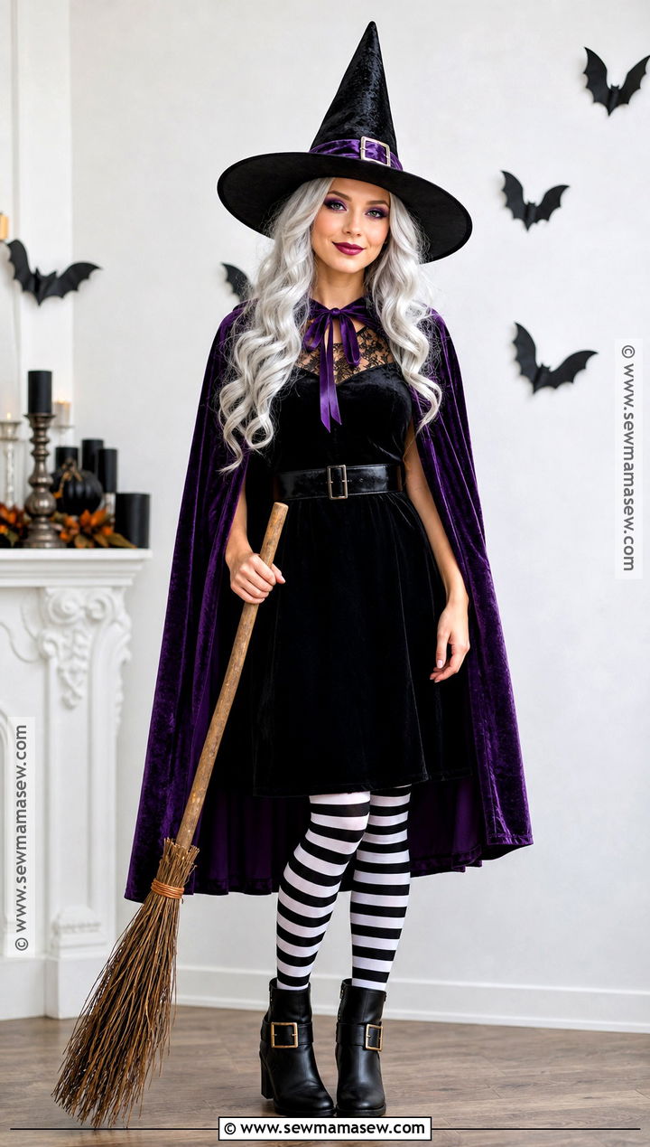 Classic Witch Costume With Striped Tights - 35 Halloween Costume Solo Ideas