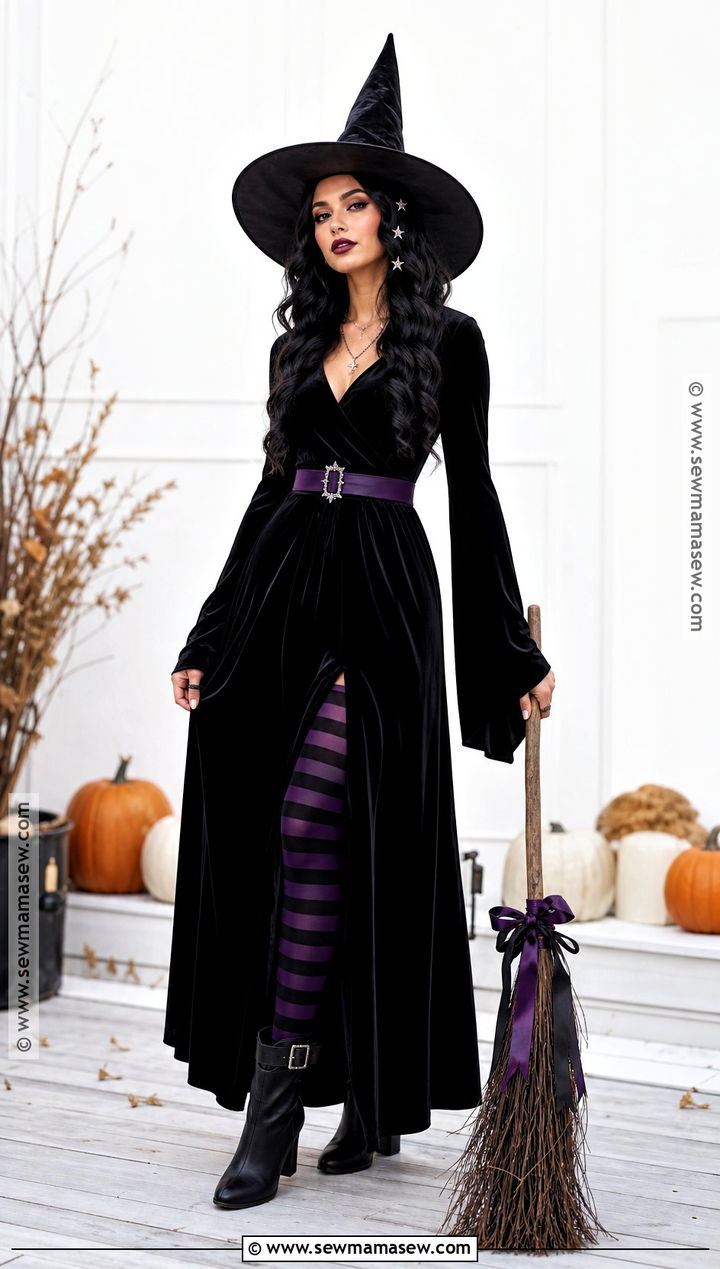 Classic Witch Costume With Velvet Dress - 30 long black hair costume ideas