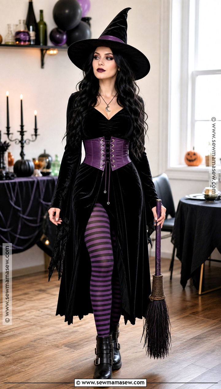 Classic Witch Costume With Velvet Dress - 30 Halloween Party Costume Ideas