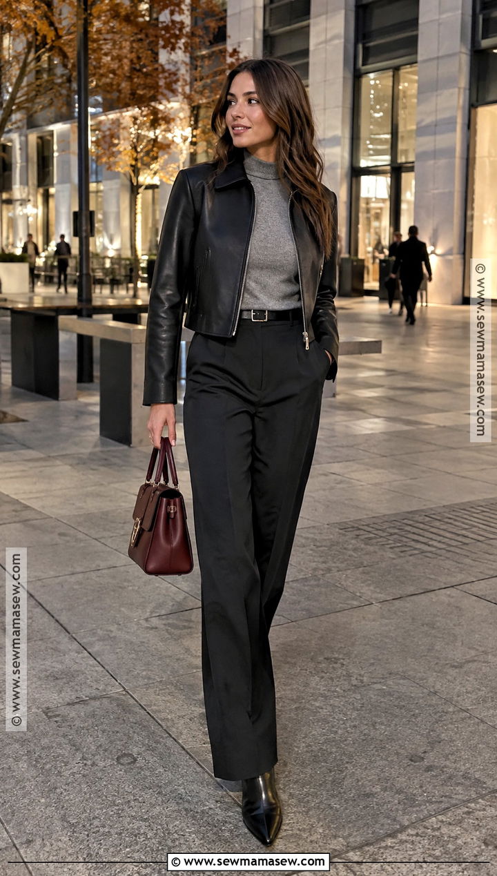 Clean Girl Autumn Outfit With a Leather Jacket and Black Trousers - 20 clean girl autumn outfit ideas