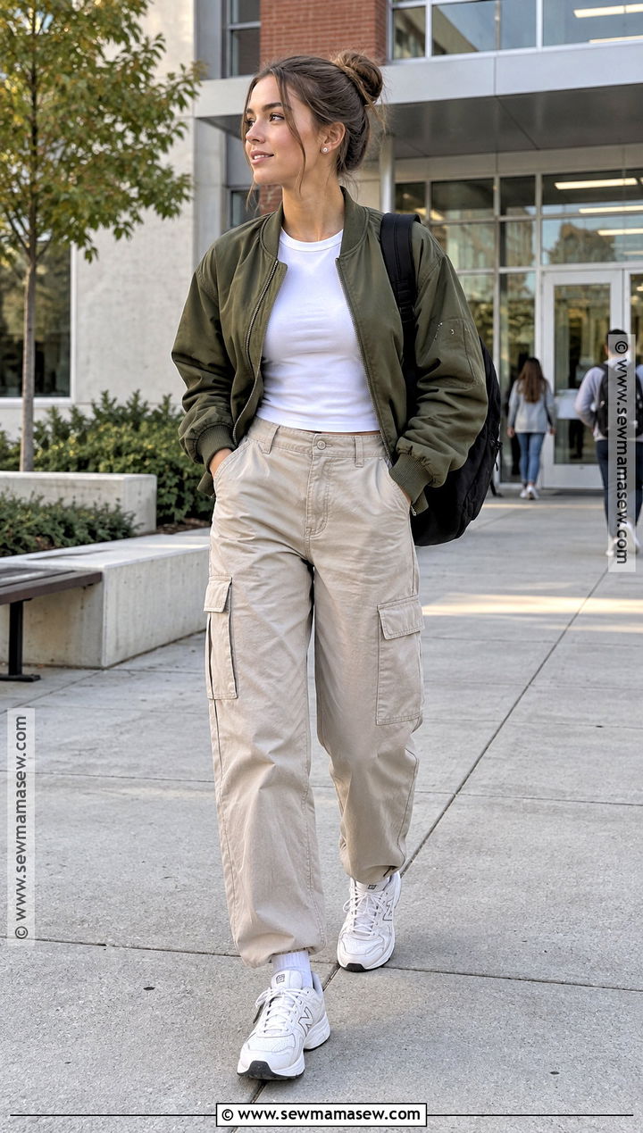 Clean Girl Bomber Jacket And Cargo Pants Outfit - 15 back to school clean girl outfits