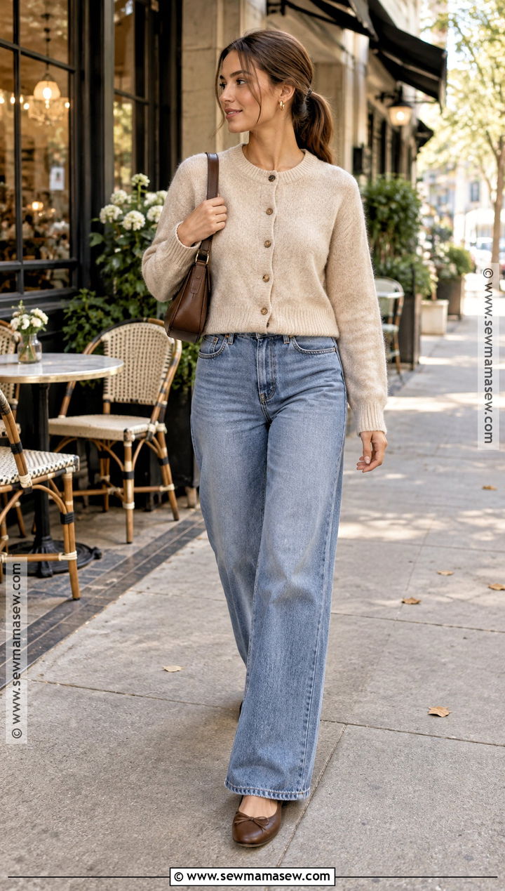 Clean Girl Cardigan And Wide Leg Jeans Outfit - 15 fall outfits clean girl aesthetic