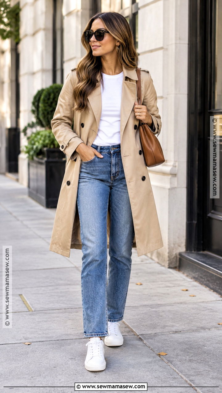 Clean Girl Trench Coat And Straight Leg Jeans Outfit - 15 fall outfits clean girl aesthetic