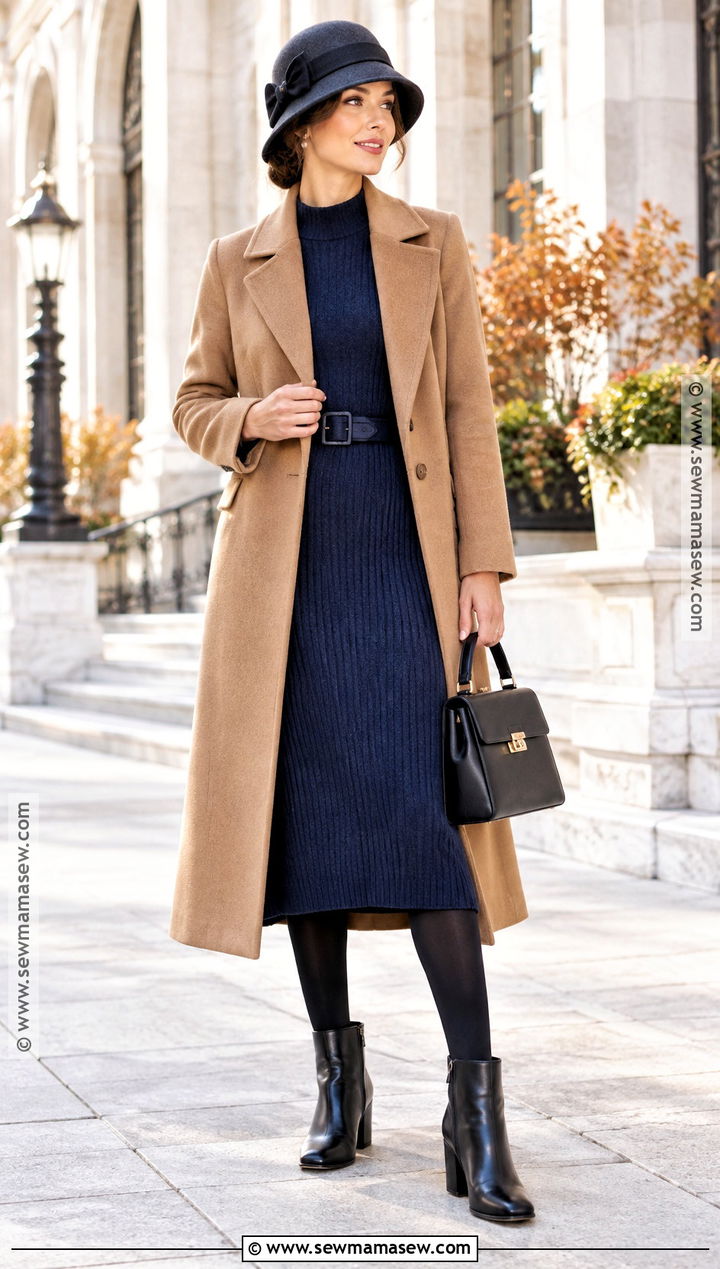 Cloche Hat With Wool Coat And Knit Dress - 20 Fall Hat Outfits