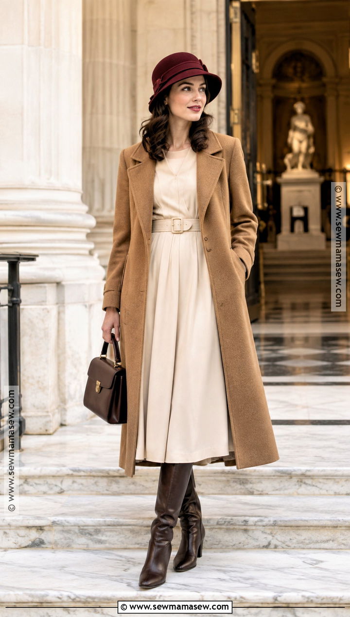 Cloche Hat With Wool Coat And Midi Dress - 20 Fall Hats For Women Outfits