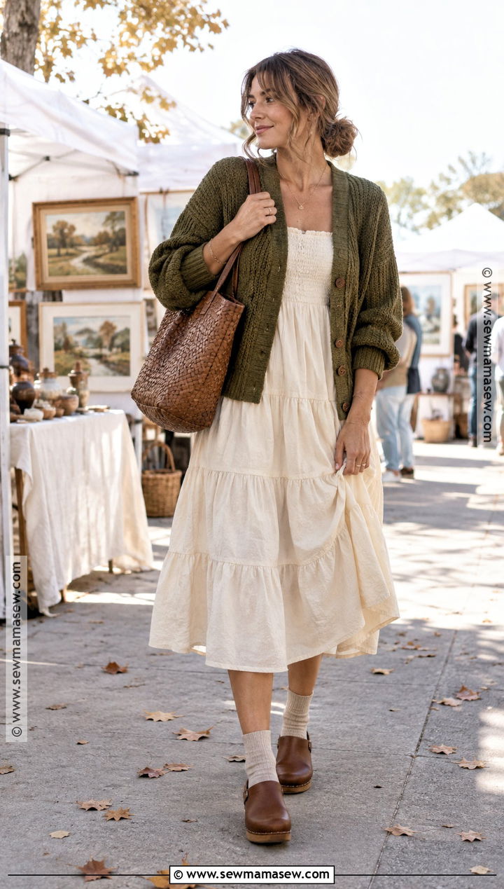 Clogs With A Tiered Dress And Cardigan - 20 fall shoes for dresses