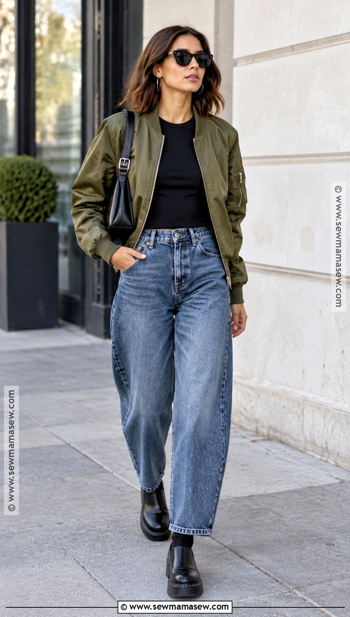Clogs With Barrel Jeans And Bomber Jacket - 20 Clogs Outfit Fall Ideas