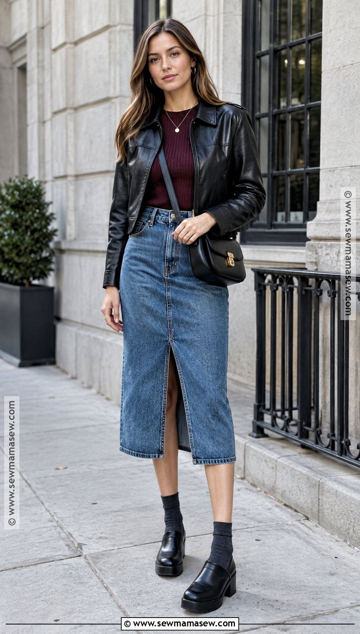 Clogs With Denim Midi Skirt And Leather Jacket - 20 Clogs Outfit Fall Ideas