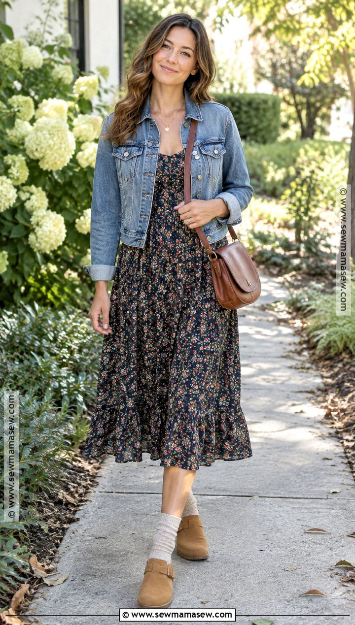 Clogs With Floral Midi Dress And Denim Jacket - 20 Clogs Outfit Fall Ideas