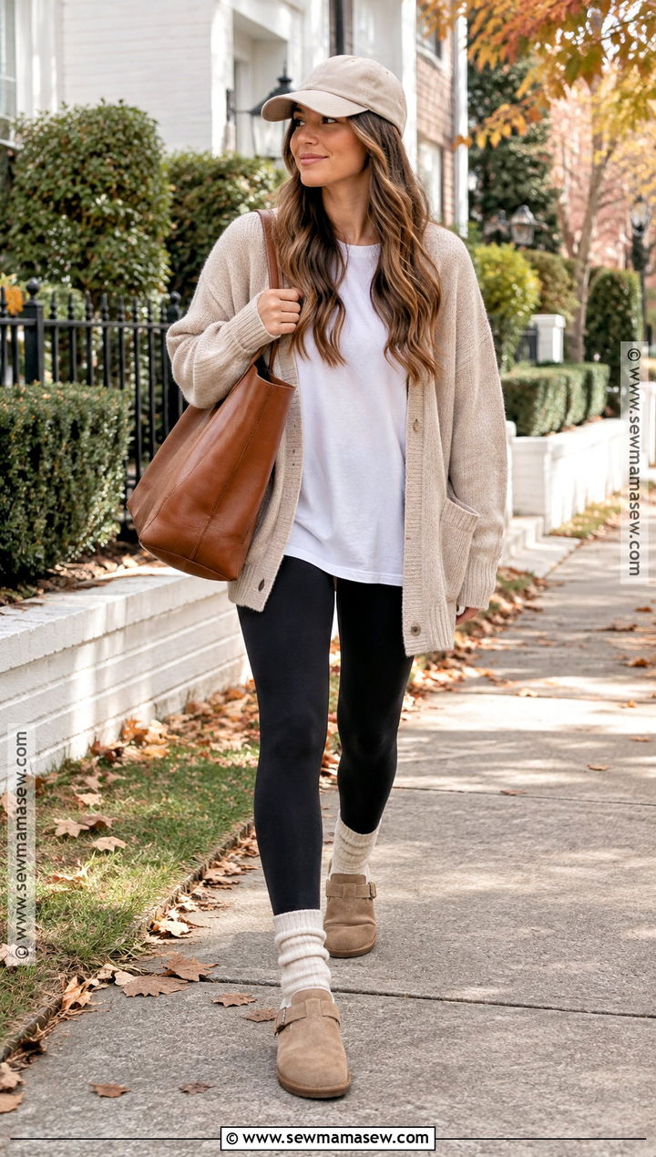 Clogs With Leggings And Oversized Cardigan - 20 Clogs Outfit Fall Ideas