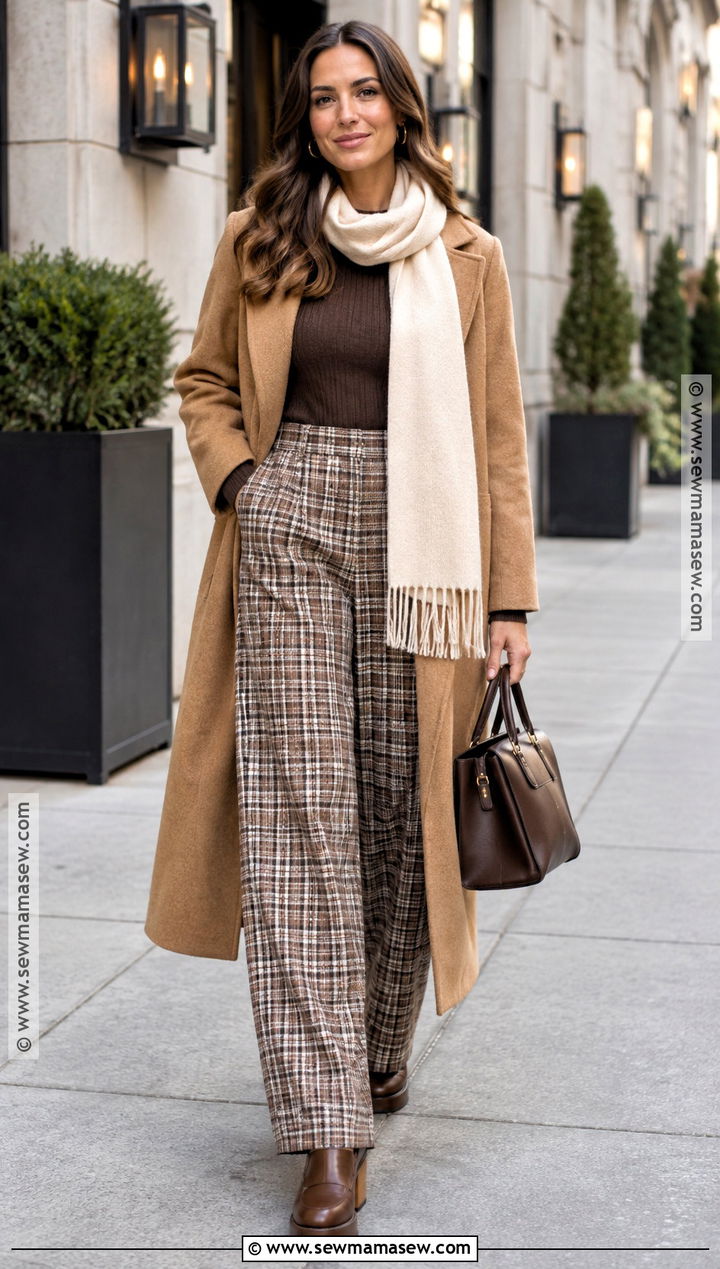 Clogs With Plaid Pants And Long Coat - 20 Clogs Outfit Fall Ideas