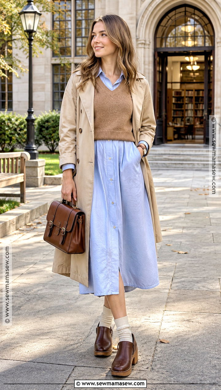 Clogs With Shirt Dress And Sweater Vest - 20 Clogs Outfit Fall Ideas