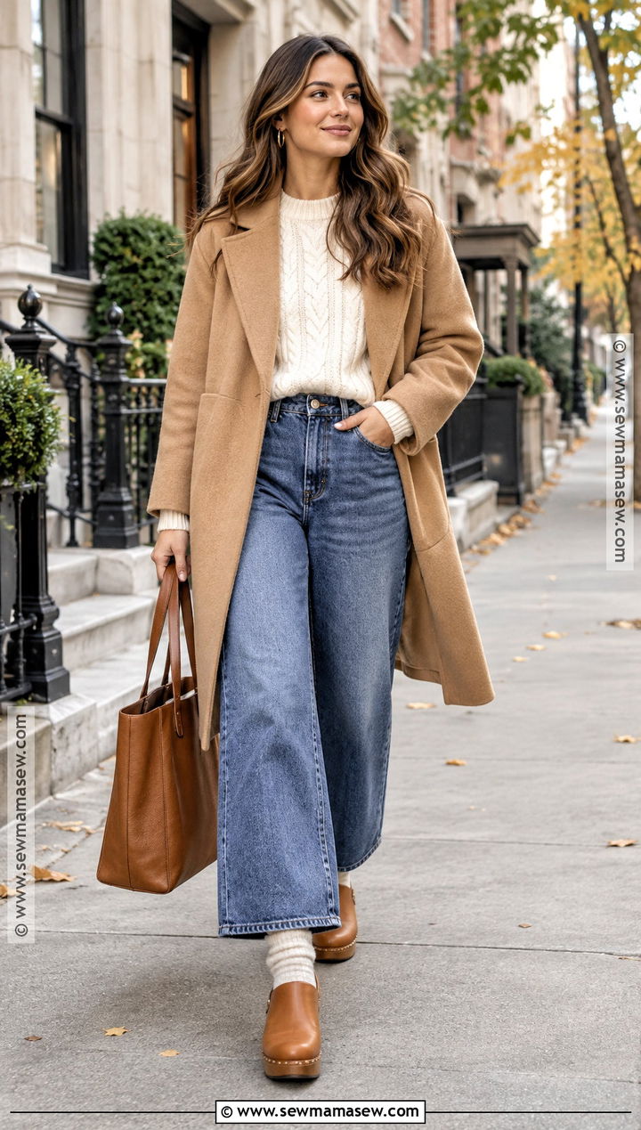 Clogs With Wide Leg Jeans And Chunky Sweater - 20 Clogs Outfit Fall Ideas