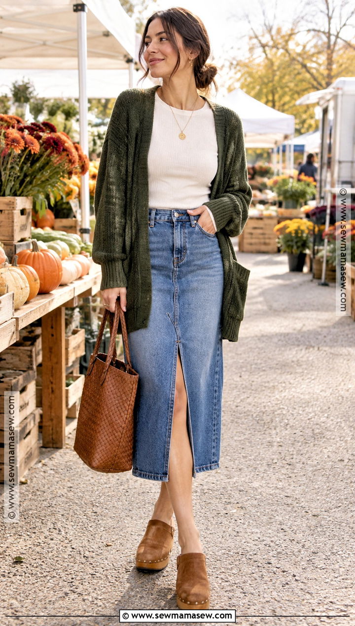 Clogs With a Denim Midi Skirt - 15 October Shoes