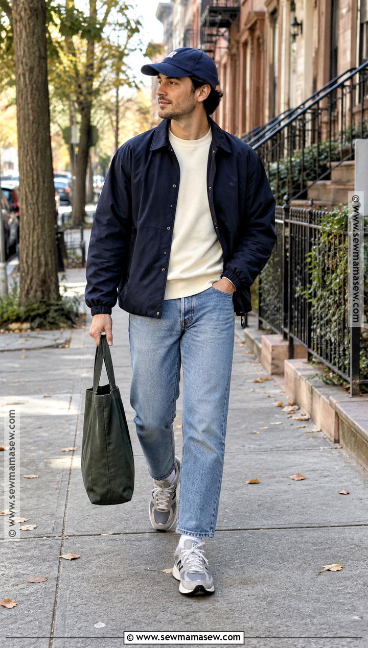 Coach Jacket Sweatshirt And Faded Jeans Outfit - 20 men fall outfits casual street style