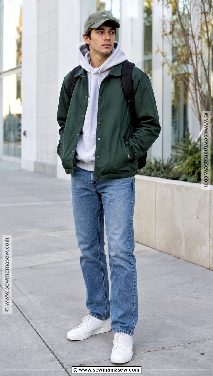 Coach Jacket With Hoodie And Sneakers - 20 men fall jacket ideas