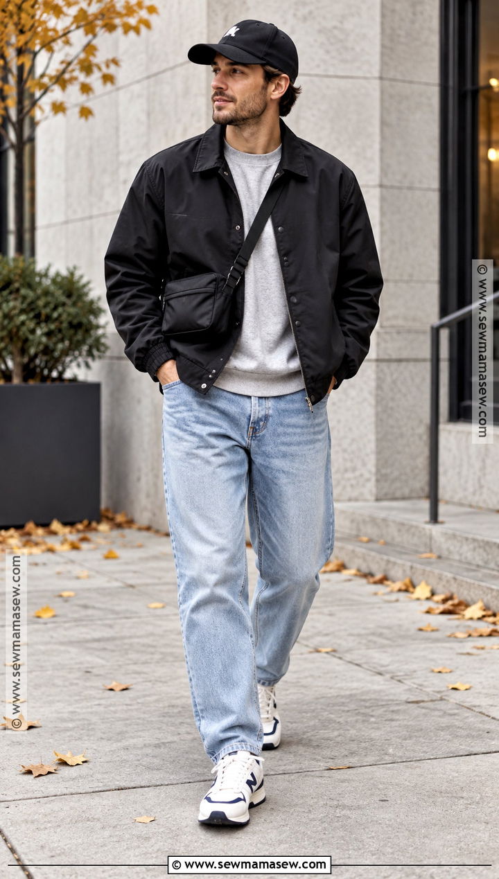 Coach Jacket With Sweatshirt and Relaxed Jeans - 15 fall jackets outfit for men