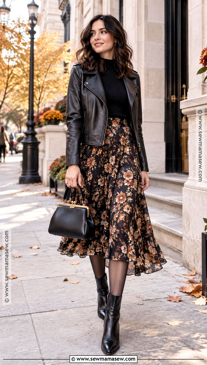 Coach Kisslock Handbag With Leather Jacket and Midi Skirt - 15 coach handbag fall fashion ideas