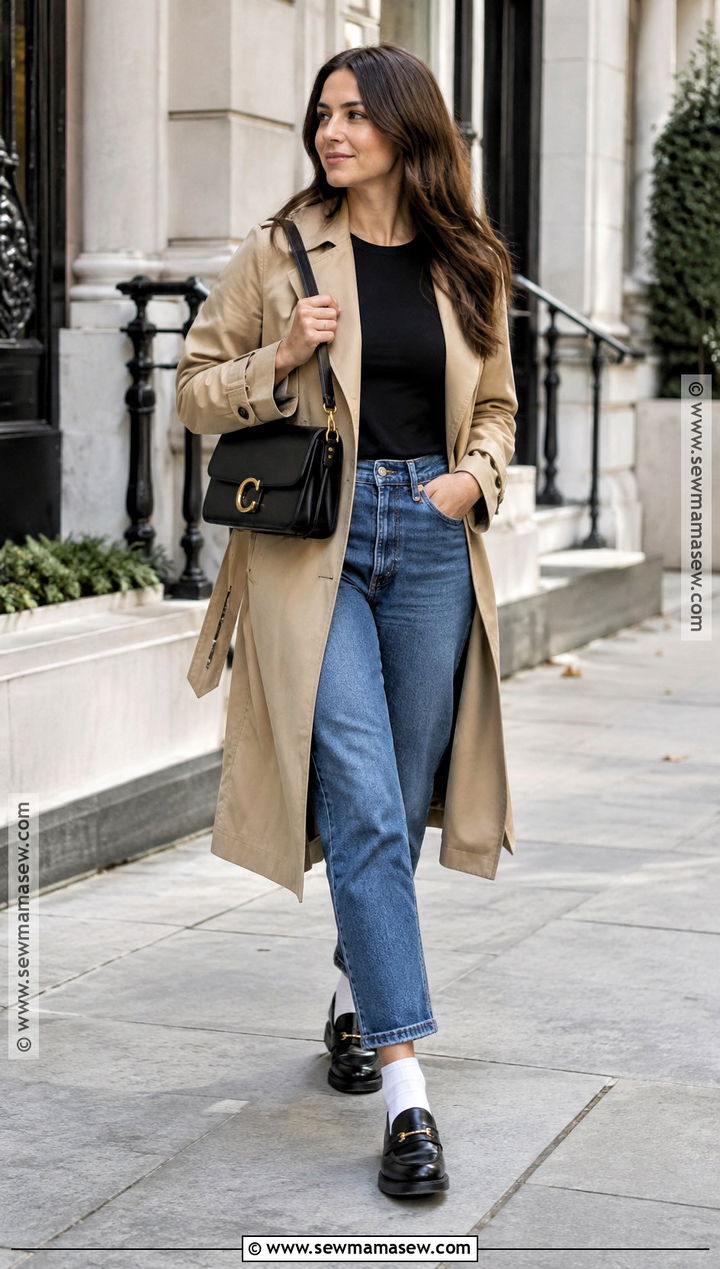 Coach Tabby Handbag With Trench Coat and Loafers - 15 coach handbag fall fashion ideas