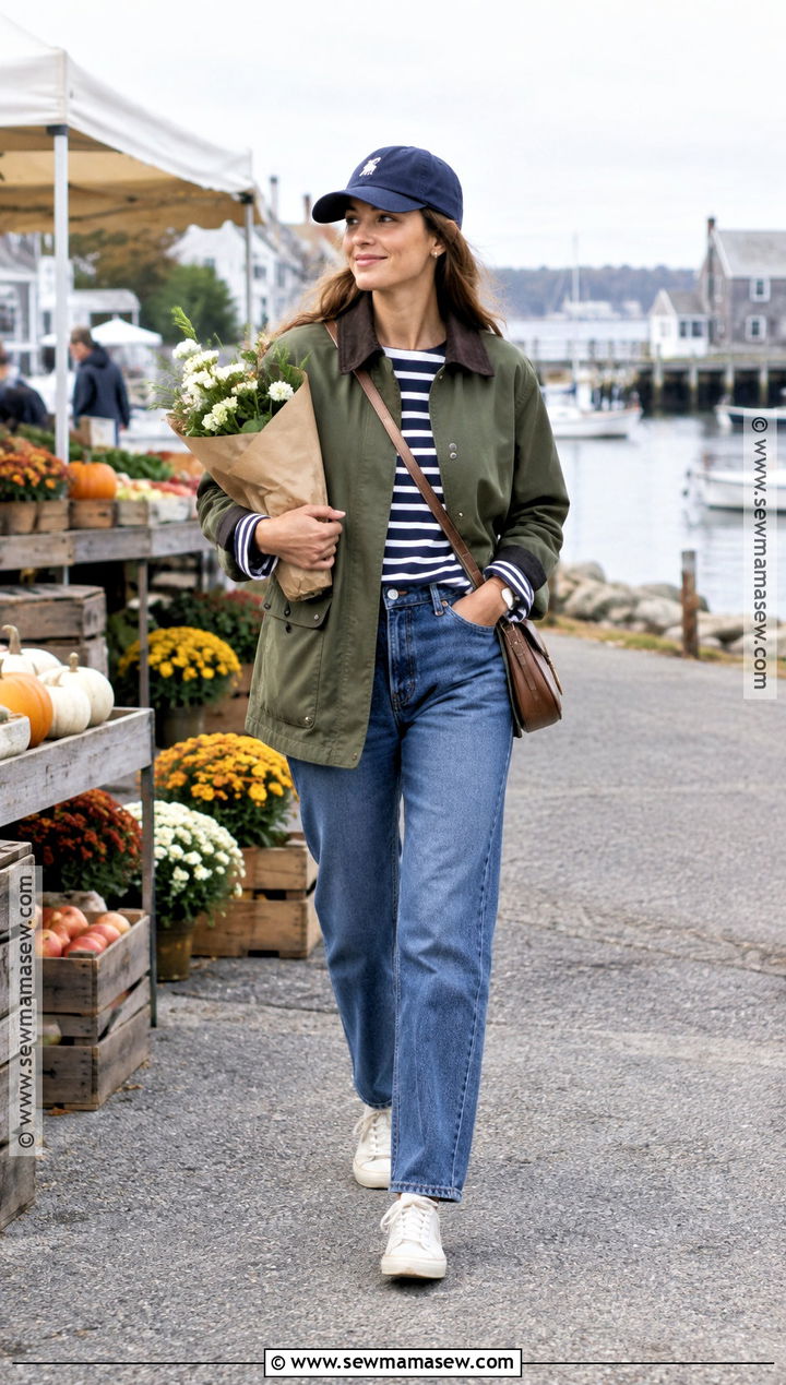 Coastal Barn Jacket With Striped Tee And Jeans - 15 Coastal Fashion Fall Ideas