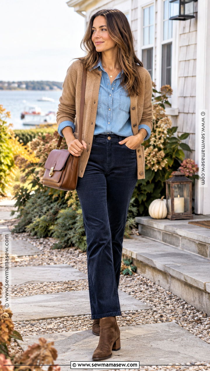 Coastal Denim Shirt With Camel Cardigan And Corduroy Pants - 15 Coastal Fashion Fall Ideas