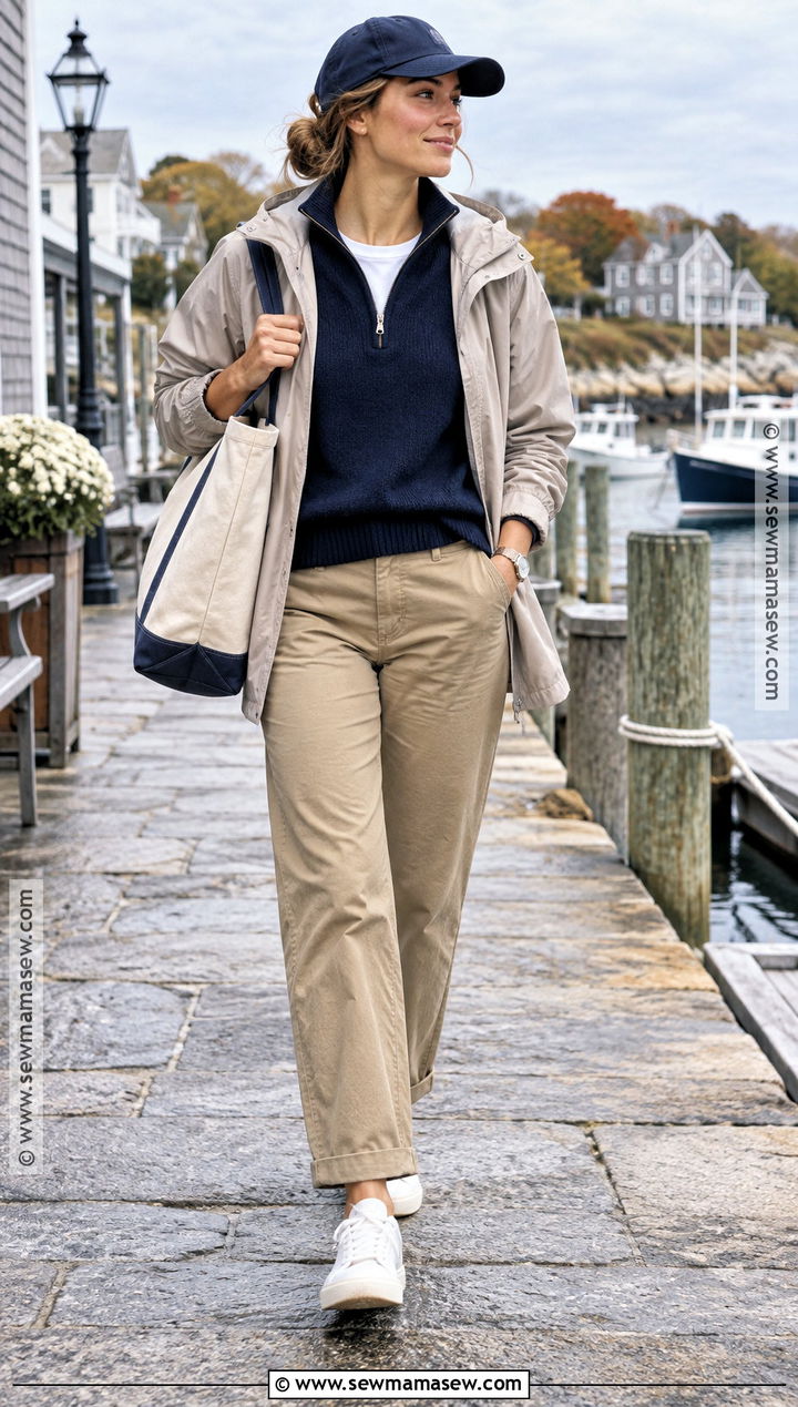 Coastal Half Zip Sweater and Khaki Pants Outfit - 15 fall costal outfit ideas
