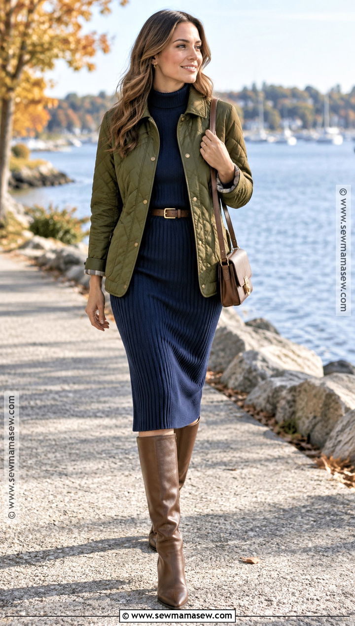 Coastal Knit Dress With Quilted Jacket And Boots - 15 Coastal Fashion Fall Ideas