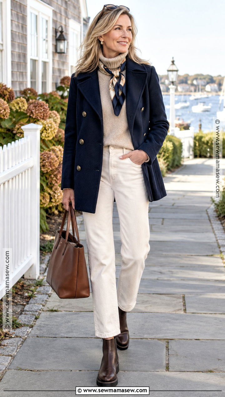 Coastal Peacoat With Turtleneck And Ecru Jeans - 15 Coastal Fashion Fall Ideas
