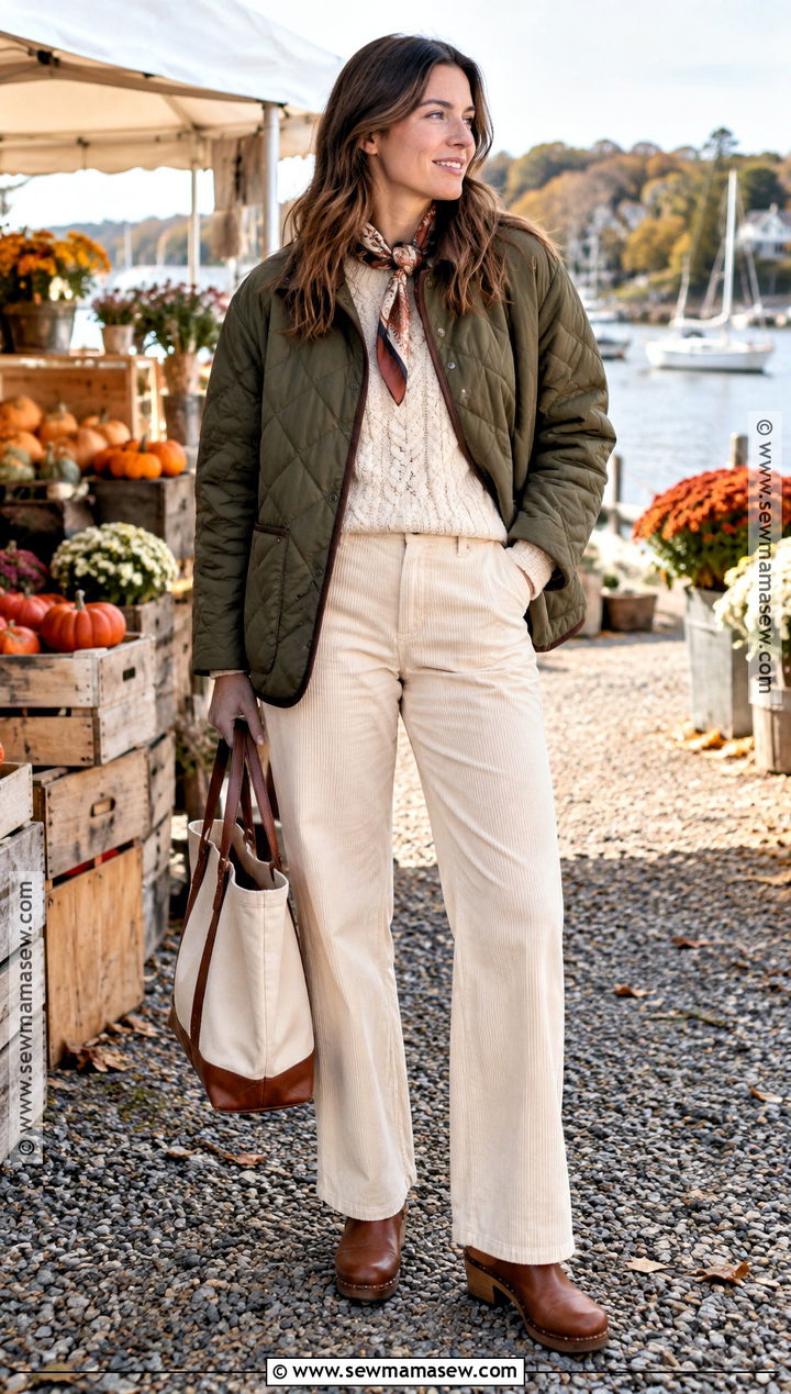 Coastal Quilted Jacket and Corduroy Pants Outfit - 15 fall costal outfit ideas