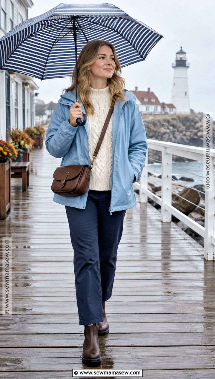 Coastal Rain Jacket With Cable Knit And Straight Pants - 15 Coastal Fashion Fall Ideas