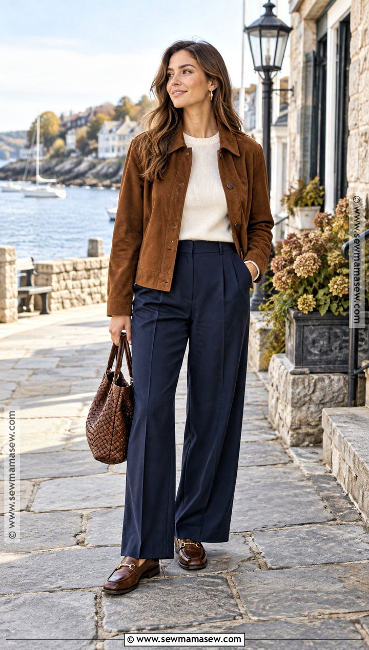 Coastal Suede Jacket With White Knit And Trousers - 15 Coastal Fashion Fall Ideas