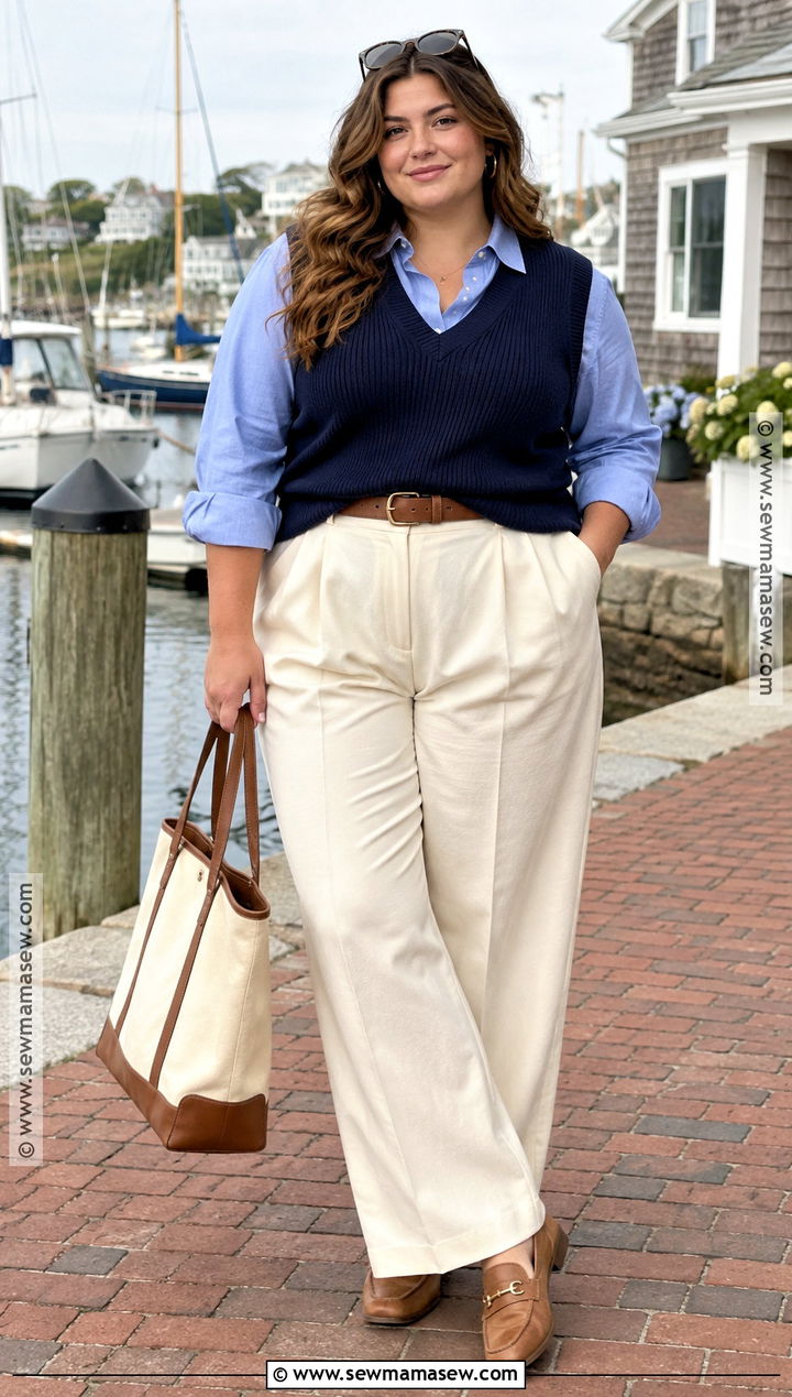 Coastal Sweater Vest With Oxford Shirt And Trousers - 15 Coastal Fashion Fall Ideas