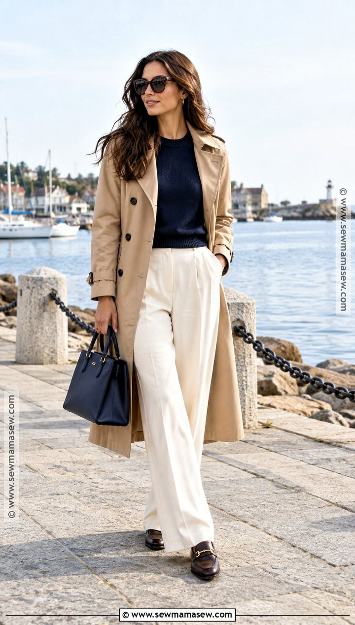 Coastal Trench Coat With Navy Knit And Wide Leg Pants - 15 Coastal Fashion Fall Ideas
