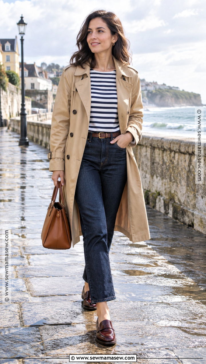 Coastal Trench Coat and Breton Top Outfit - 15 fall costal outfit ideas