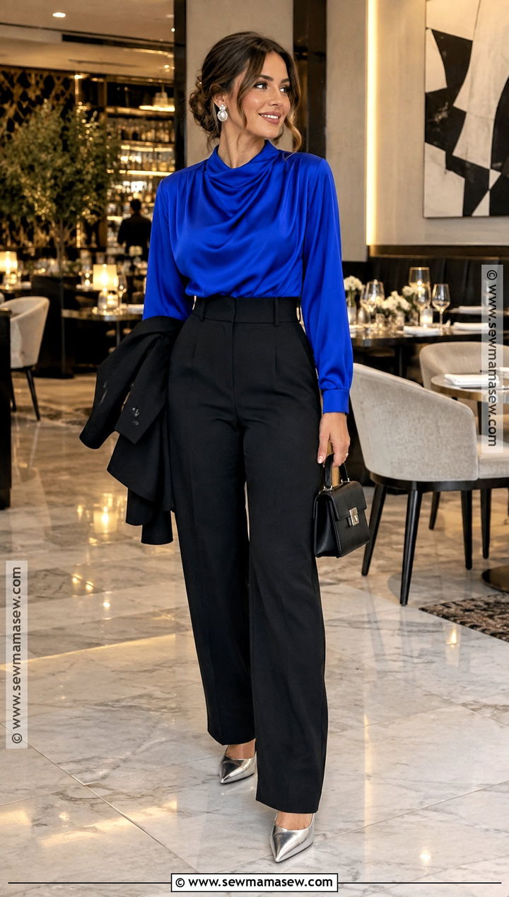 Cobalt Blouse And Black Trousers Birthday Outfit - 25 september birthday outfit ideas