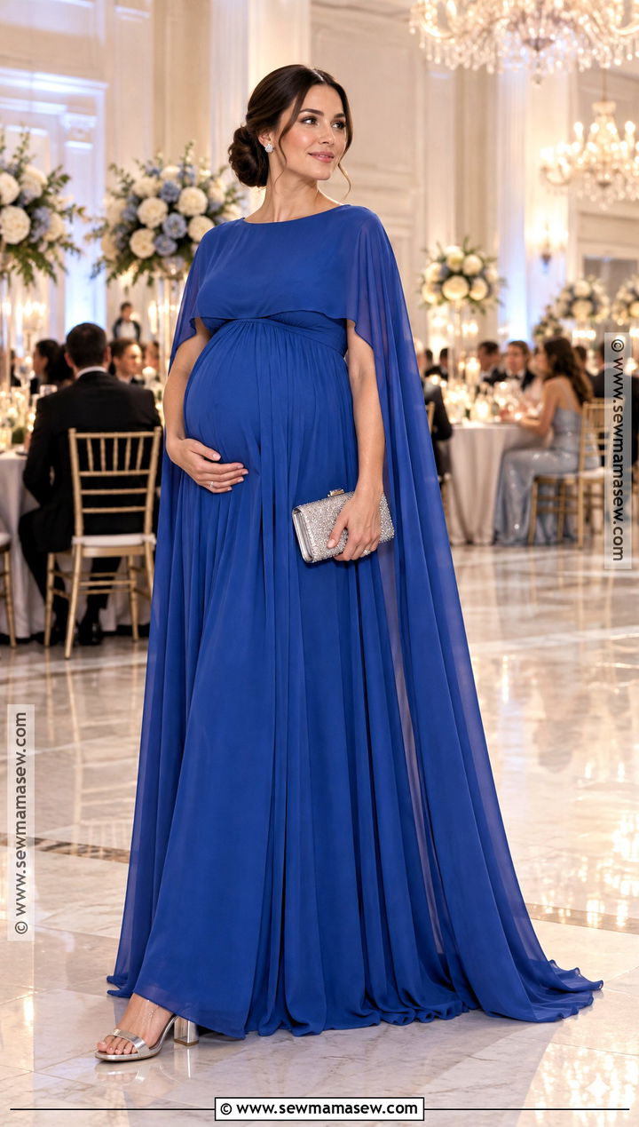 Cobalt Blue Cape Maternity Gown - 20 fall maternity wedding guest dress ideas