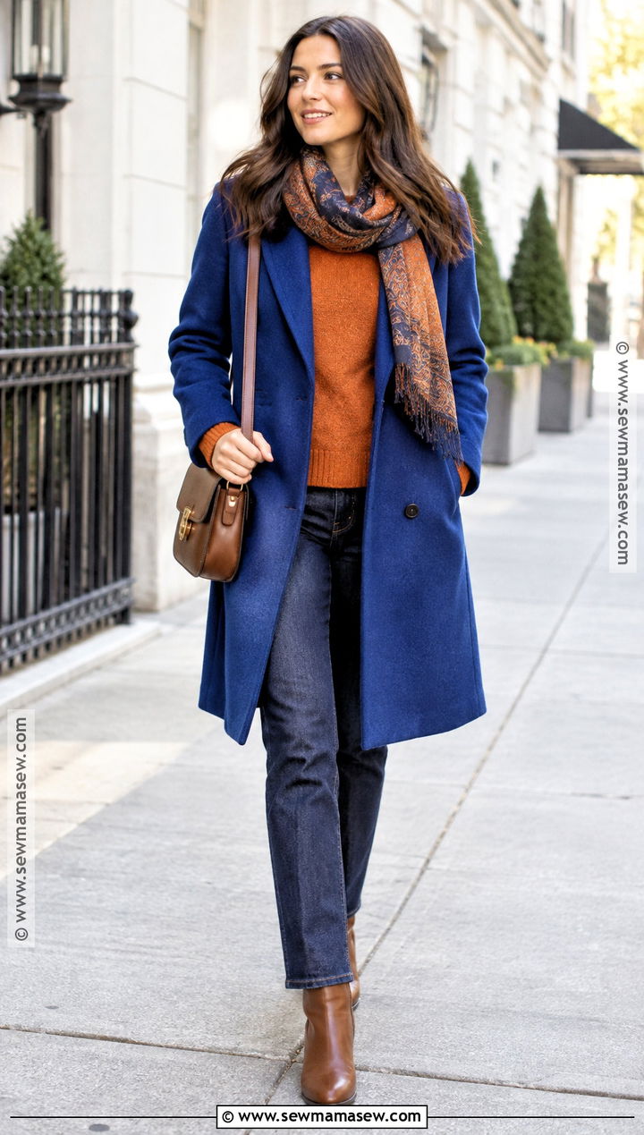 Cobalt Blue Coat And Orange Sweater Fall Outfit - 20 Fall Colorful Outfits