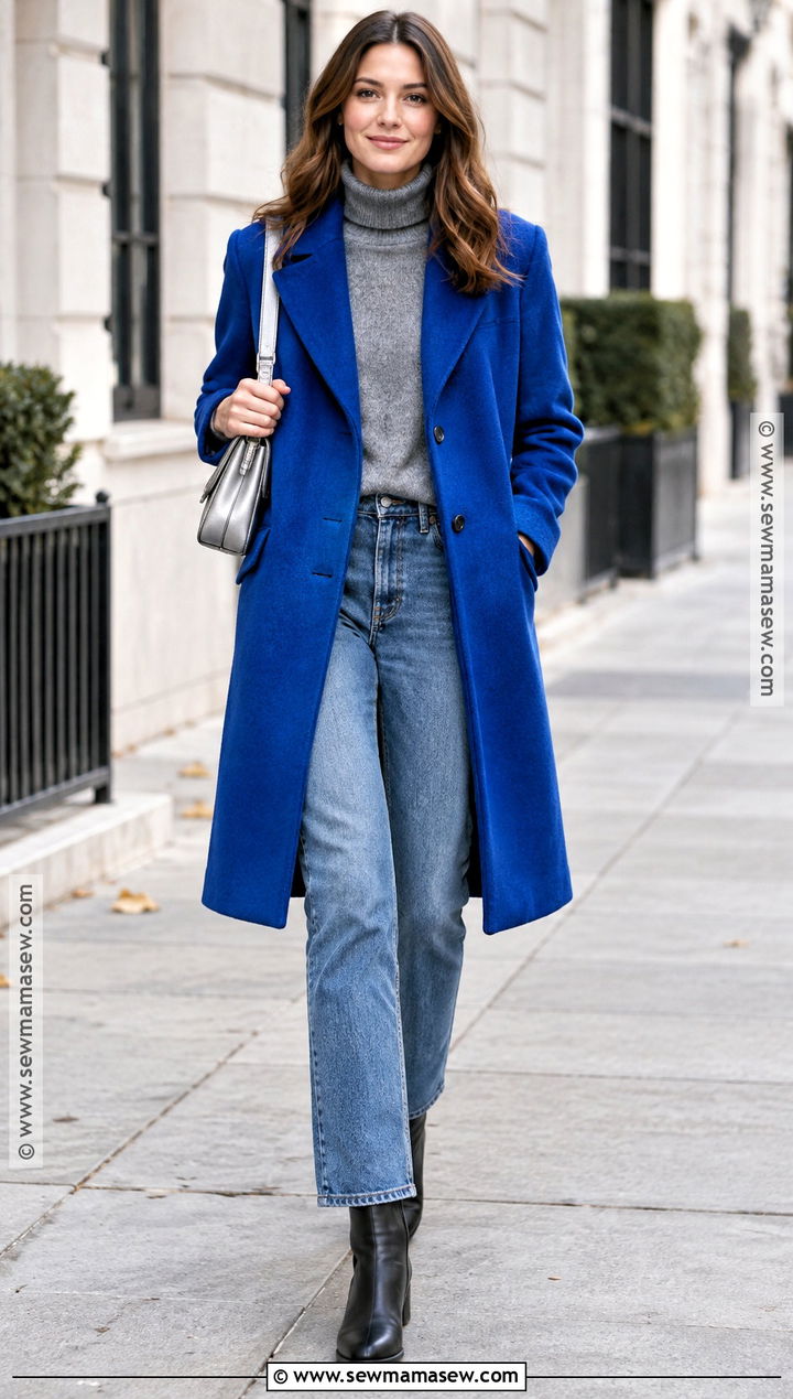 Cobalt Blue Coat And Straight Leg Jeans Outfit - 15 Colorful Fall Outfits 2026