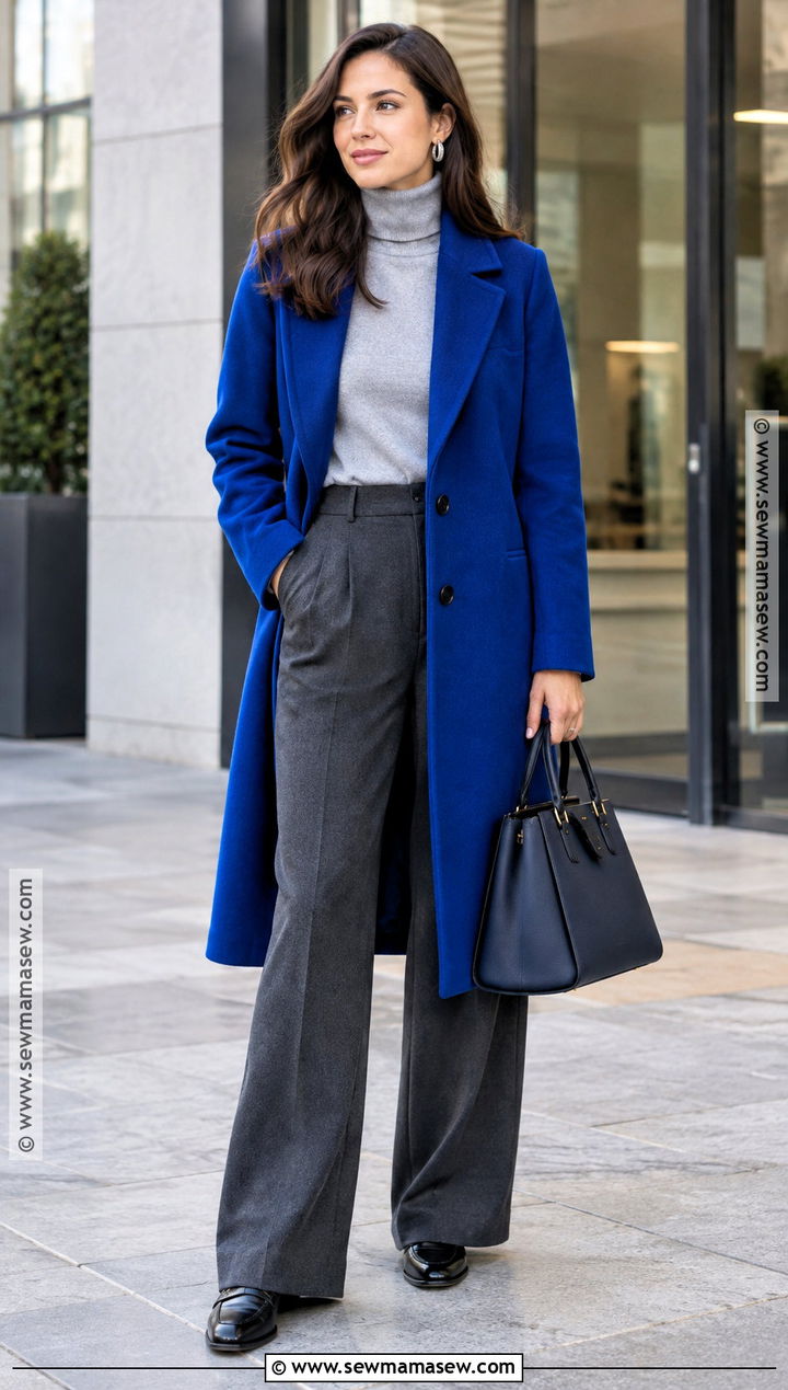 Cobalt Blue Coat and Gray Trousers Outfit - 15 Fall Fashion Color Guide Ideas