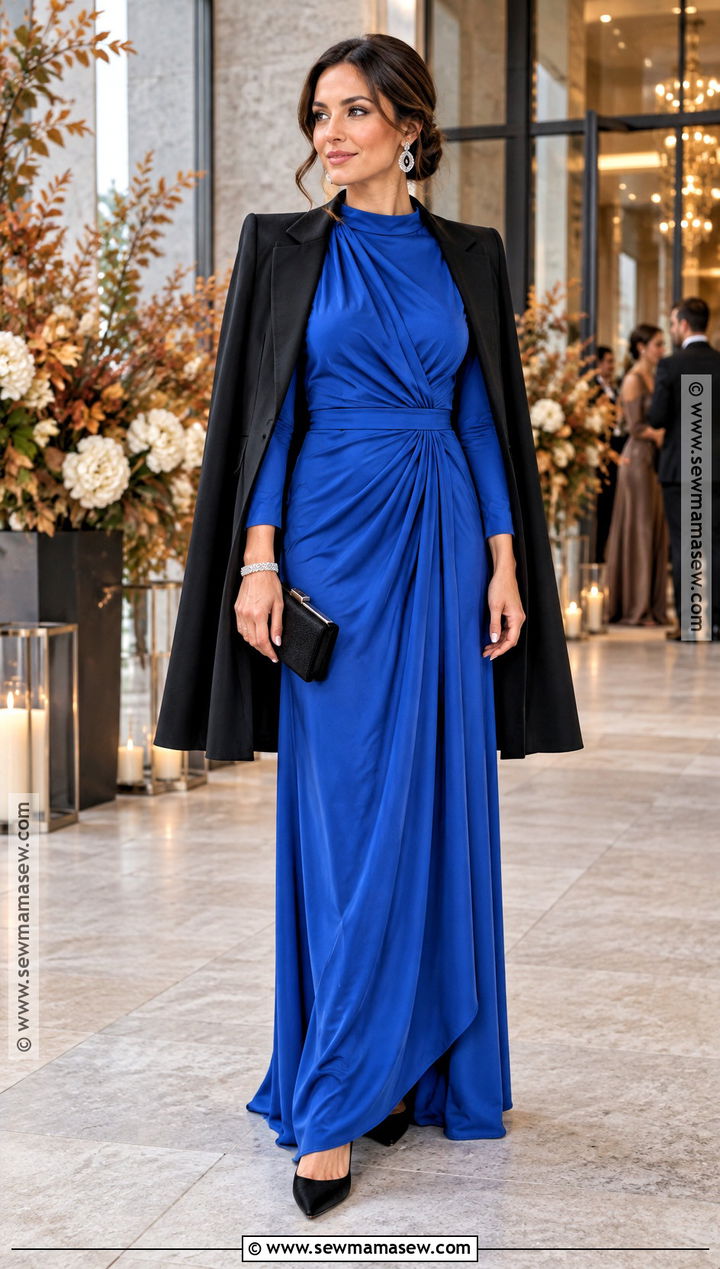 Cobalt Blue Draped Maxi Dress Autumn Wedding Guest Outfit - 25 autumn wedding guest outfit ideas