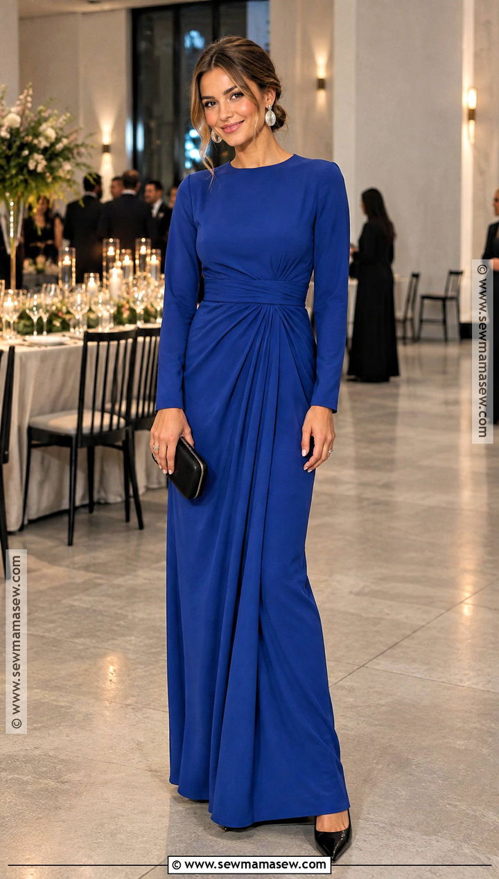 Cobalt Blue Long Sleeve Maxi Fall Wedding Guest Dress - 15 fall wedding guest dress blue ideas