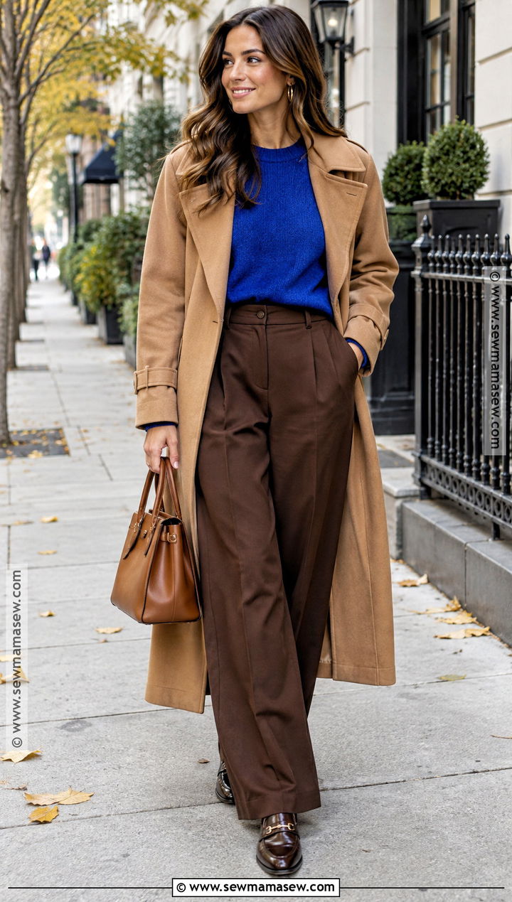 Cobalt Blue Sweater And Brown Trousers Fall Outfit - 15 colorful fall fashion ensemble ideas