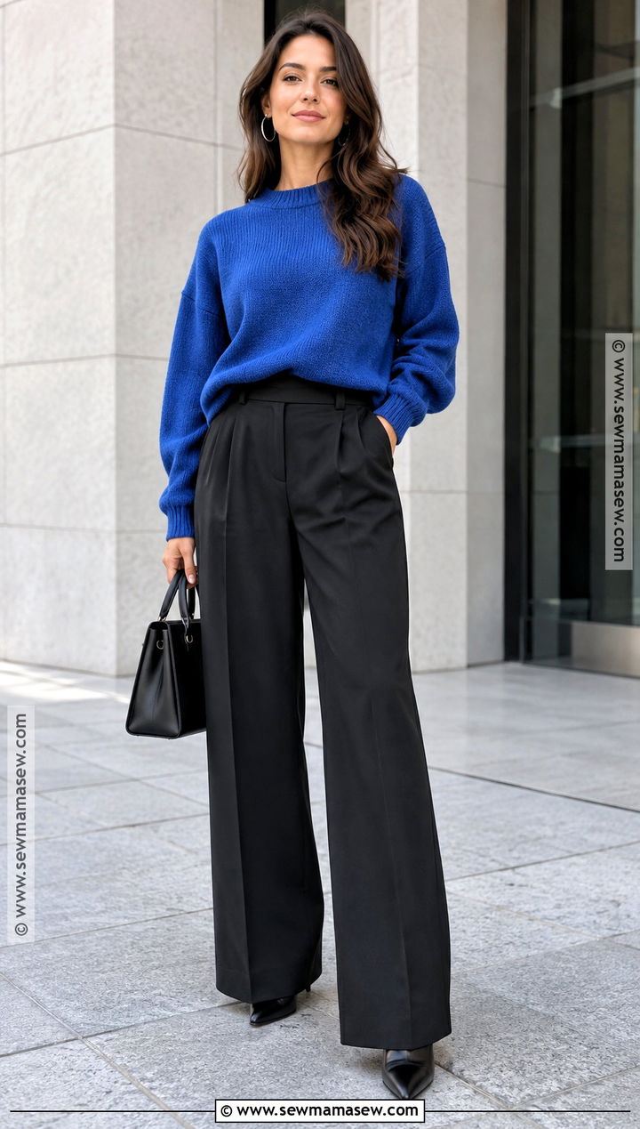 Cobalt Blue Sweater With Black Wide Leg Pants - 15 Cozy Blue Sweater Fall Fashion Ideas