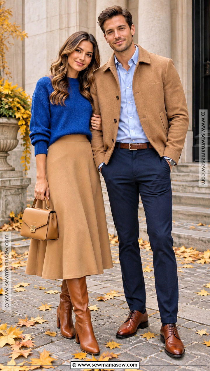 Cobalt Blue and Camel Fall Couple Photo Outfits - 15 Fall Couple Photo Outfits Color Combos