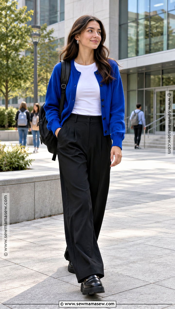 Cobalt Cardigan and Black Wide Leg Pants Outfit - 20 blue back to school outfits