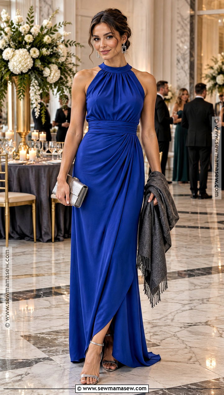 Cobalt Draped Maxi Wedding Guest Outfit - 15 early fall wedding guest outfit ideas