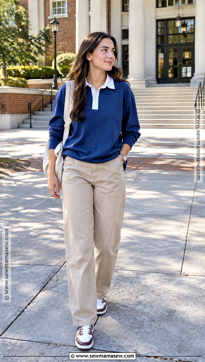 Cobalt Rugby Shirt And Khaki Pants Back To School Outfit - 15 Colorful Back To School Outfits
