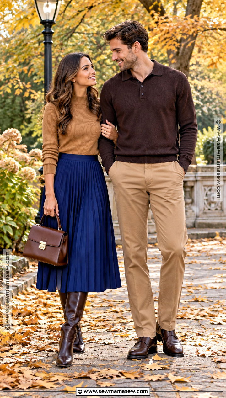 Cobalt Skirt And Camel Knit Fall Couples Photoshoot Outfit - 15 couples photoshoot fall outfit ideas