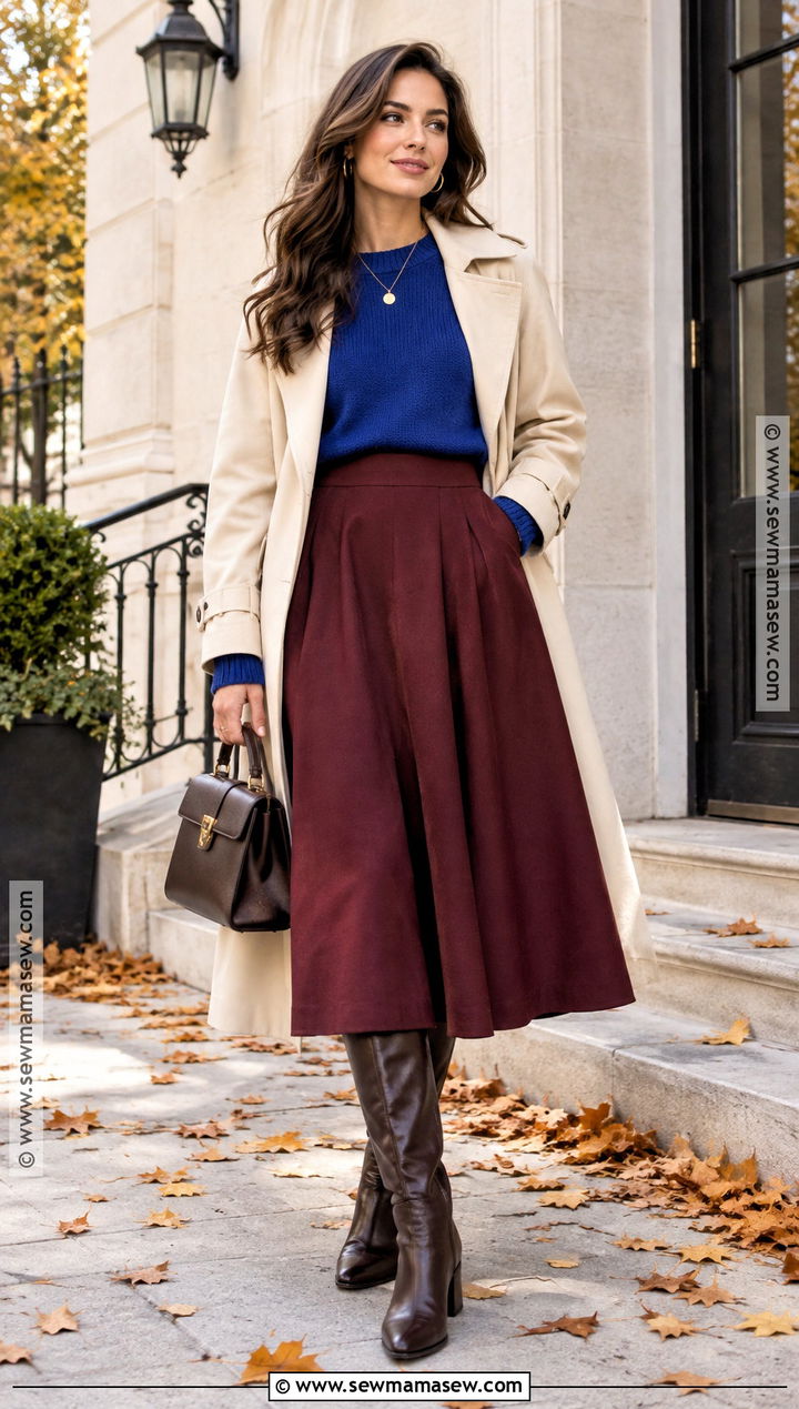 Cobalt Sweater And Burgundy Skirt Fall Outfit - 20 punchy fall outfits