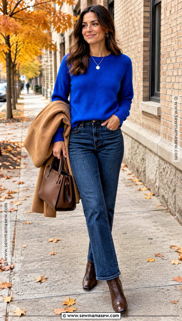 Cobalt Sweater And Dark Denim Fall Photos Outfit - 15 fall photos outfit ideas